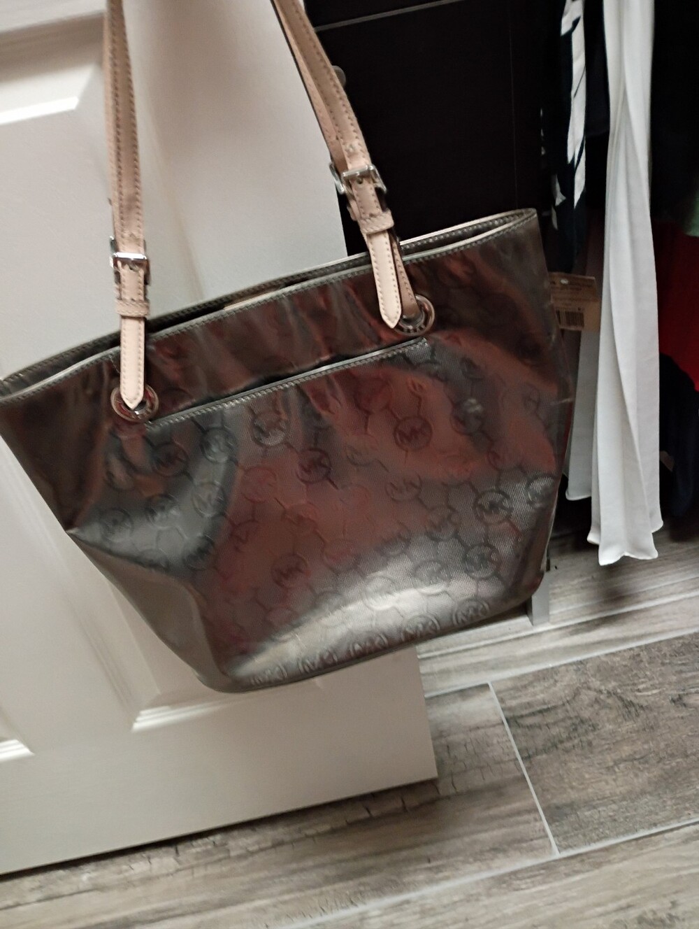 Michael Kors Metallic Silver Tote with Beige Straps - Picture 4 of 4